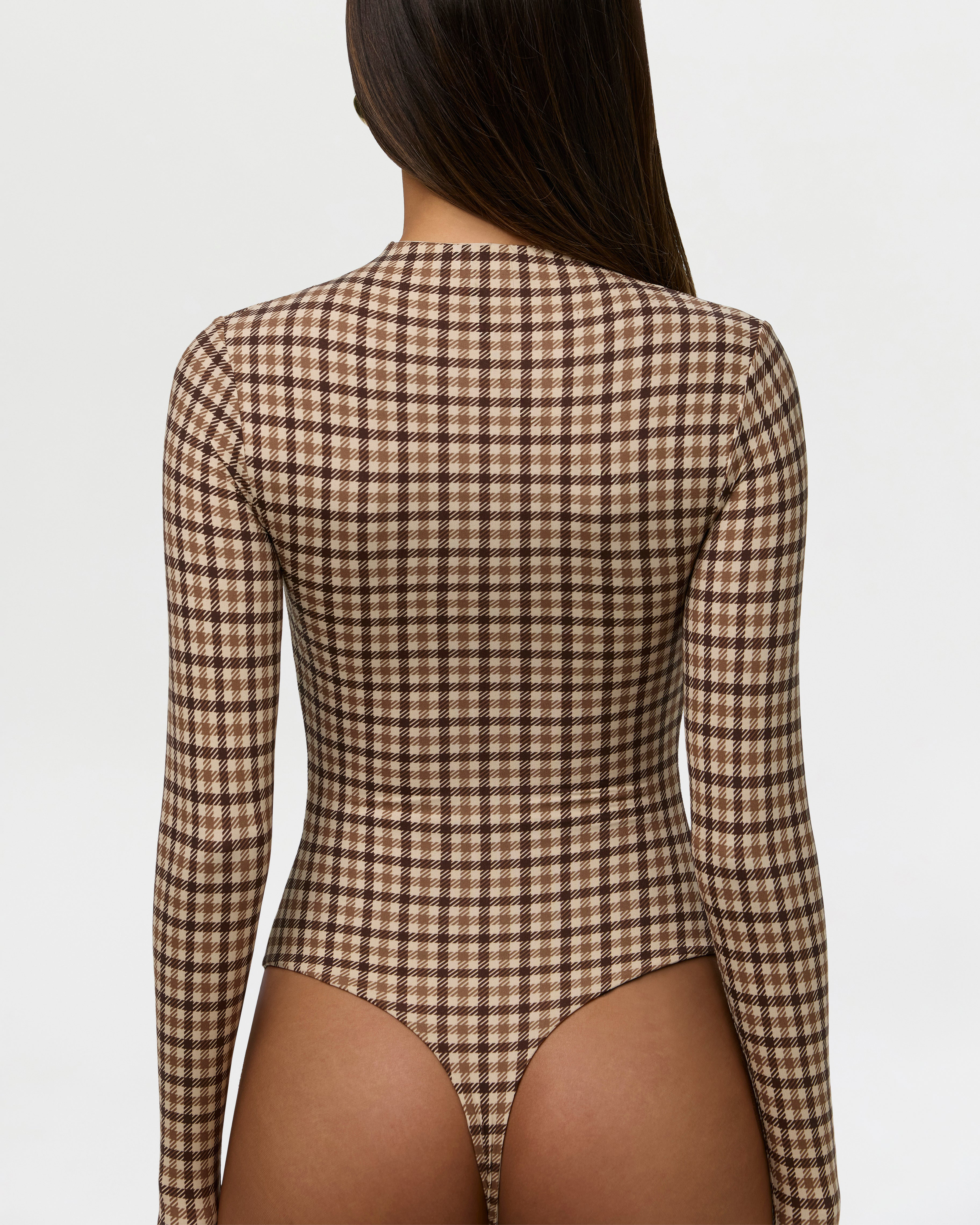 Brown Plaid Mock Neck Long Sleeve Bodysuit