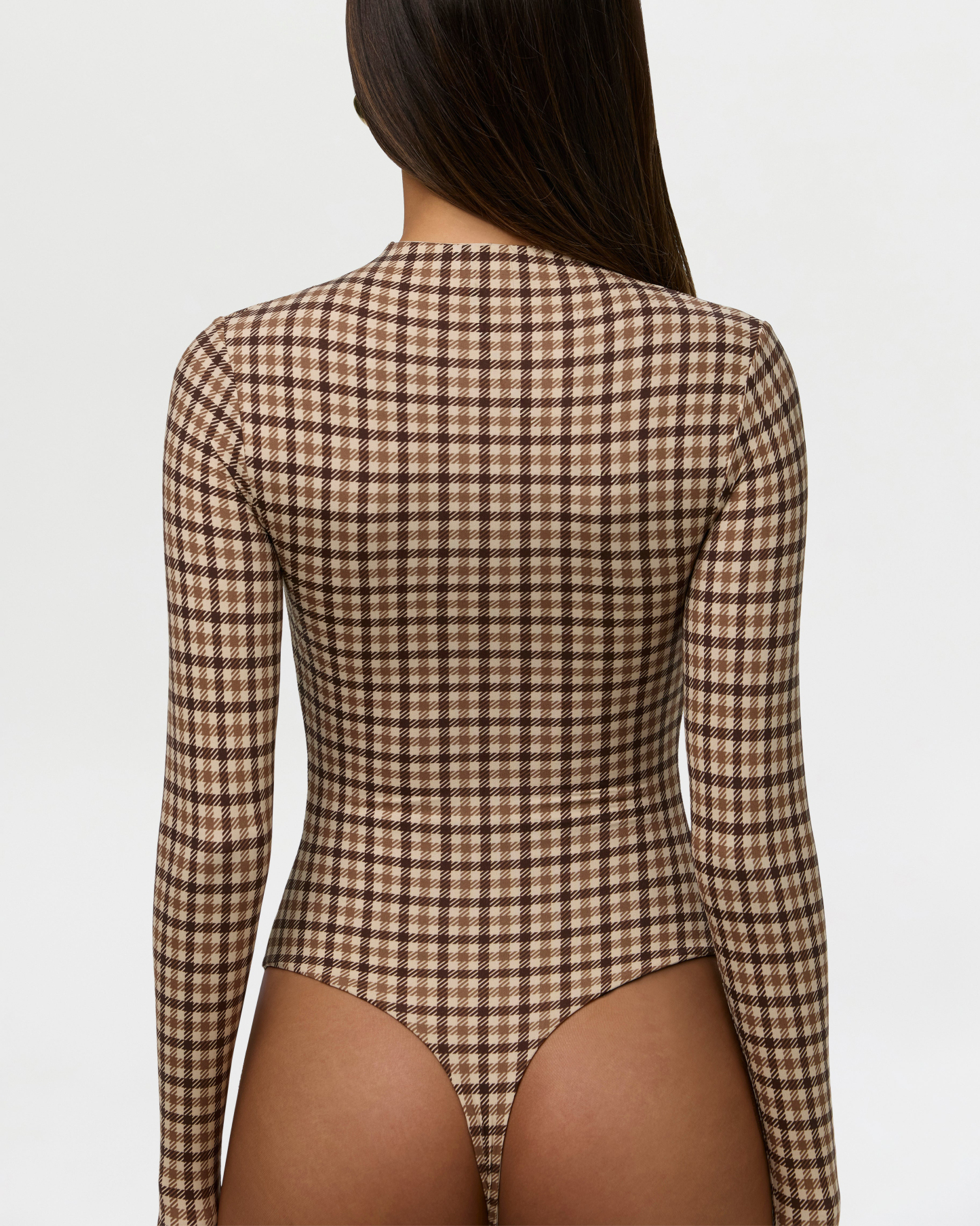 Brown Plaid Mock Neck Long Sleeve Bodysuit