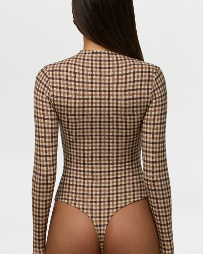 Brown Plaid Mock Neck Long Sleeve Bodysuit