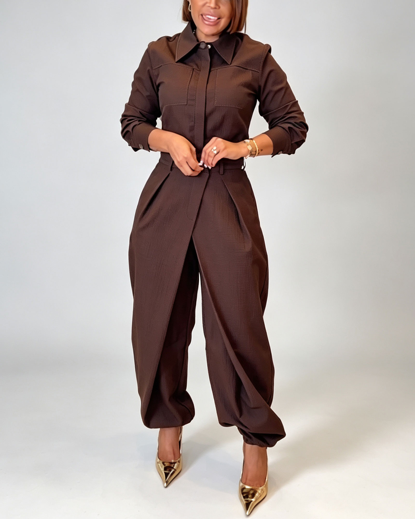 Long Sleeve Collared Button Down Shirt And Layered Wrap Style Harem Pants Set