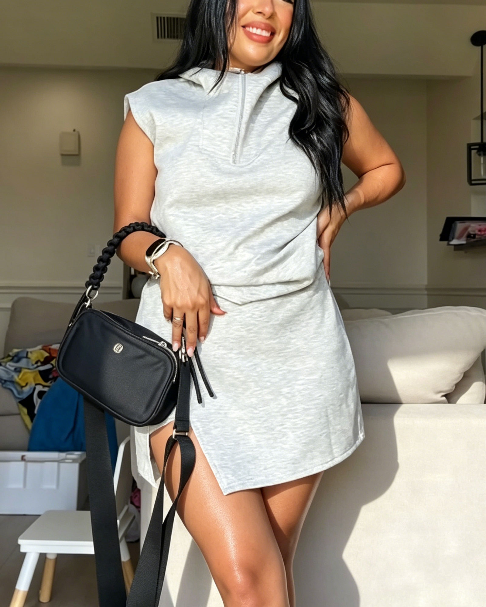 Two Piece Set: Half Zip Collar Sleeveless Top And Slit Skirt