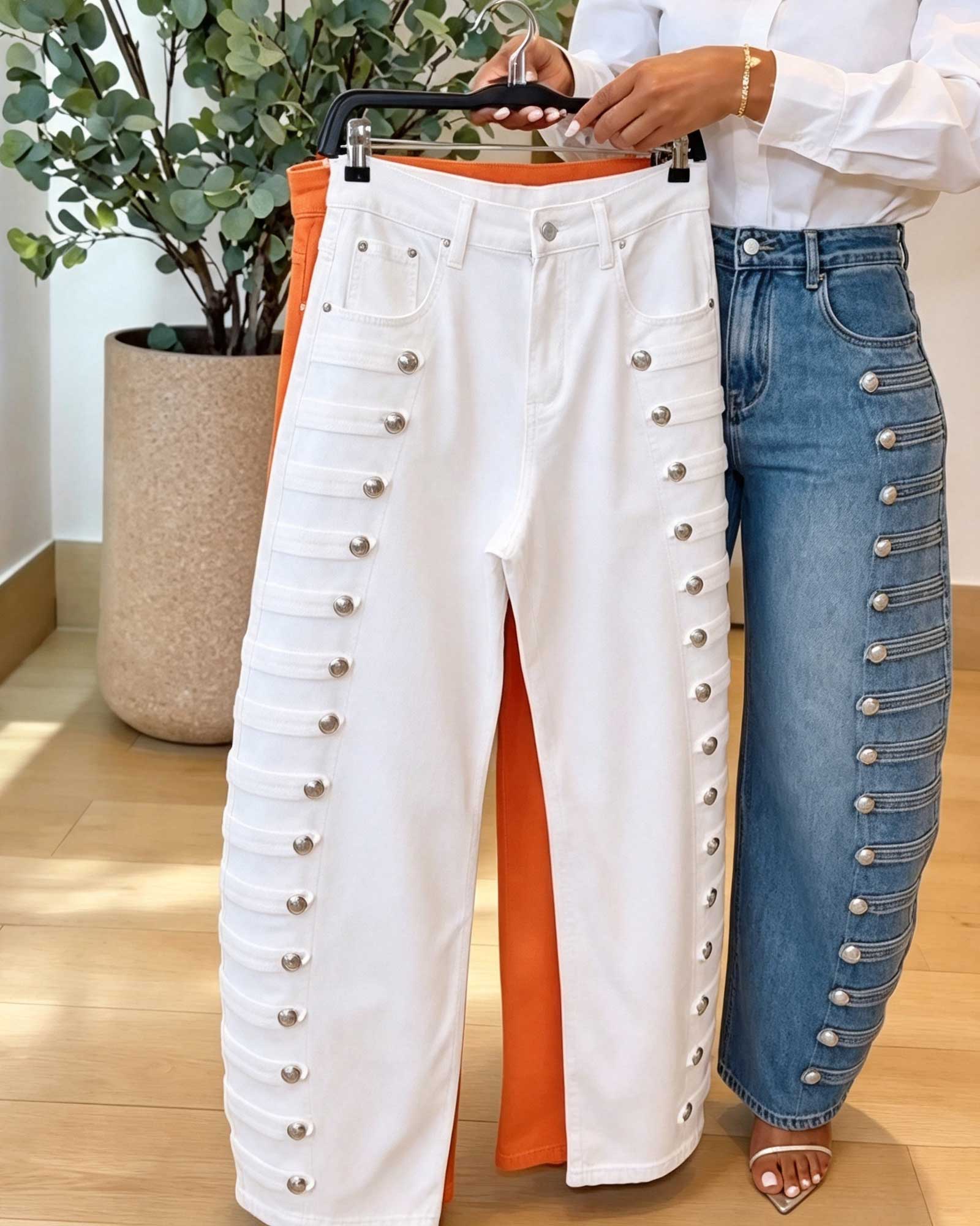High Waisted Wide Leg Jeans With Side Button Ties