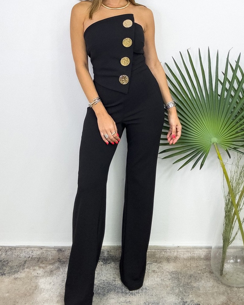 Sexy Tube Top Button-Decorated Flared Jumpsuit