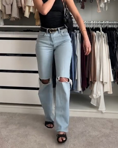 Womens High Waist Stretchy Ripped Distressed Tummy Control Straight Jeans