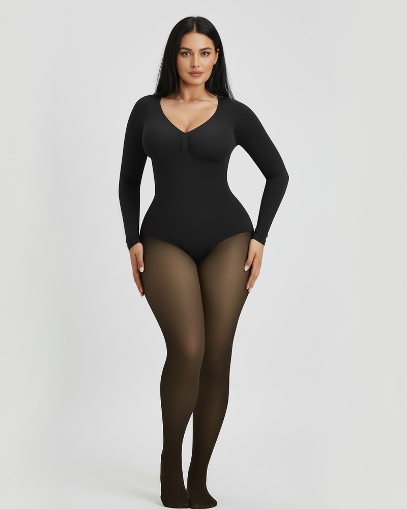 Long‑Sleeve Sheer Splice Tummy Control Butt Lifting Fleece Lined Bodysuit