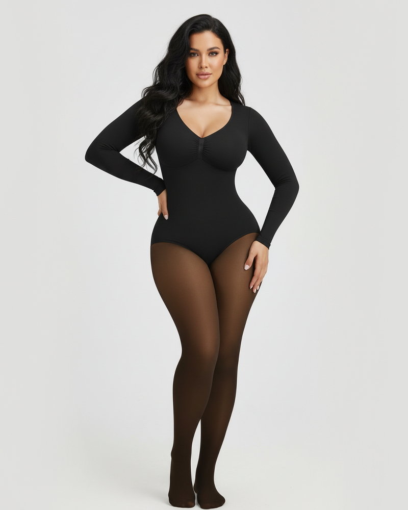 Long‑Sleeve Sheer Splice Tummy Control Butt Lifting Fleece Lined Bodysuit