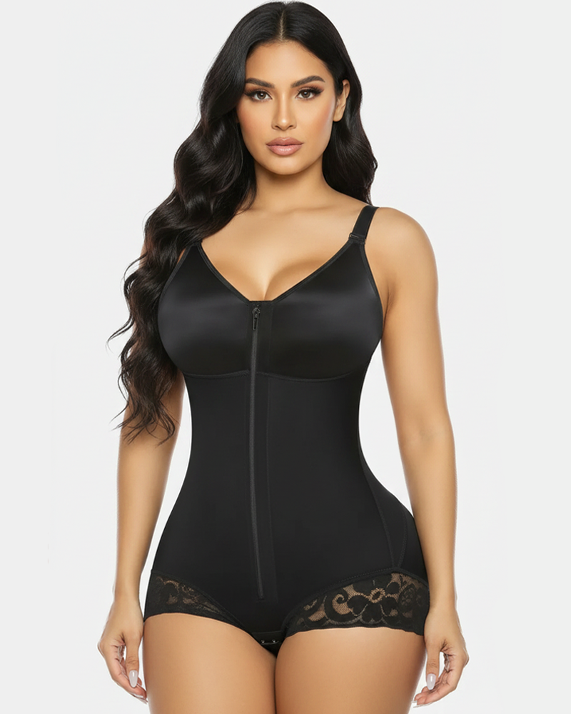 Zippered Front-Opening Lace-Trimmed Tummy Control Shapewear