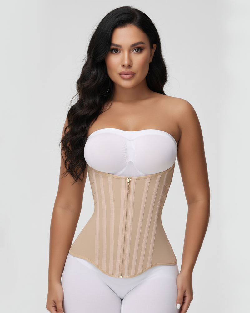 Women's Tummy-Control Waist Trainer with Front Zipper and Vertical Support Bones