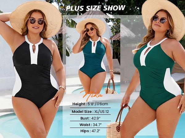 BMJL Plus Size Full Coverage Retro Color Block Swimwear Women Tummy Control Modest One Piece Swimsuit #SwimWeek #Summervibes summerwins