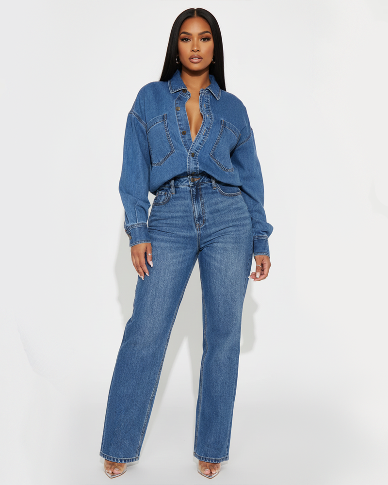Slim Fit Stretch Loose Wash Denim Long Sleeve Straight Jumpsuit for Women