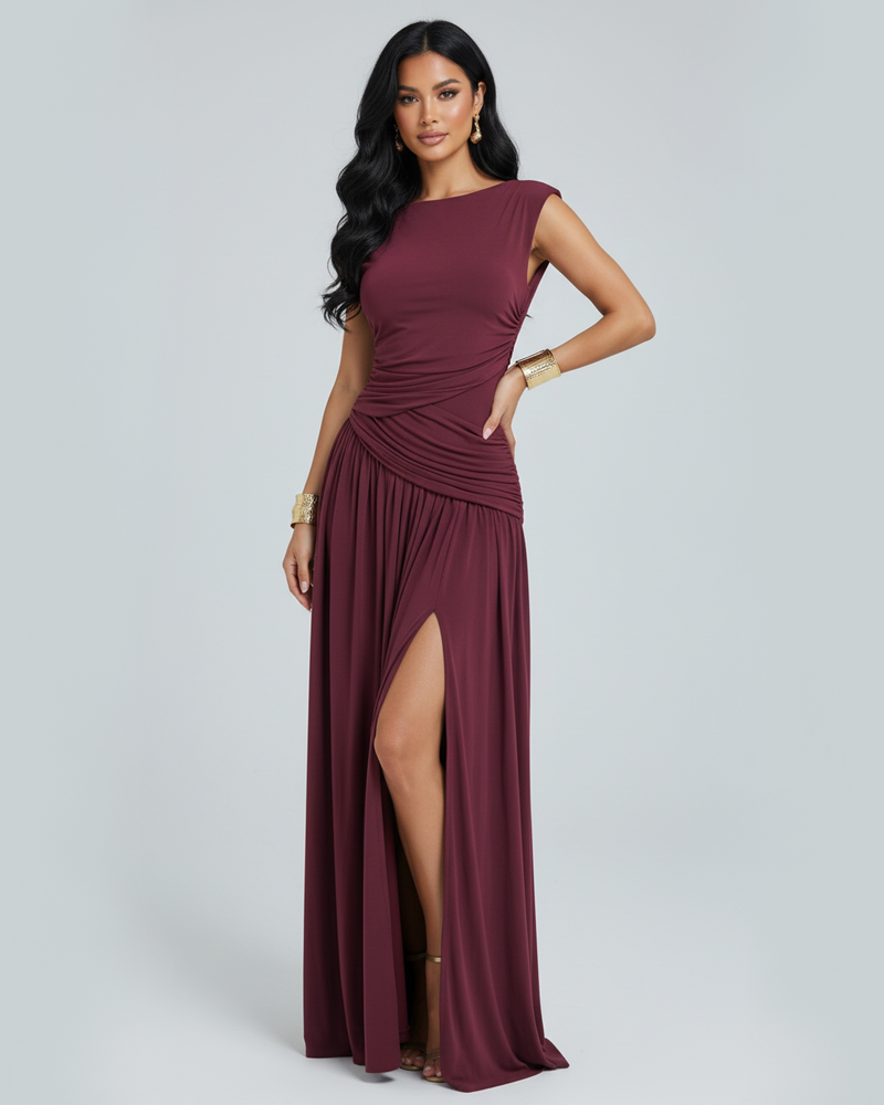 French Style Elegant Waist-Cinched Ruched Sleeveless Reversible Collar Dress