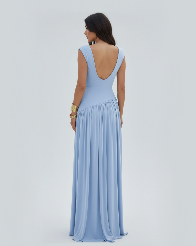French Style Elegant Waist-Cinched Ruched Sleeveless Reversible Collar Dress