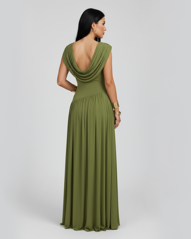 French Style Elegant Waist-Cinched Ruched Sleeveless Reversible Collar Dress