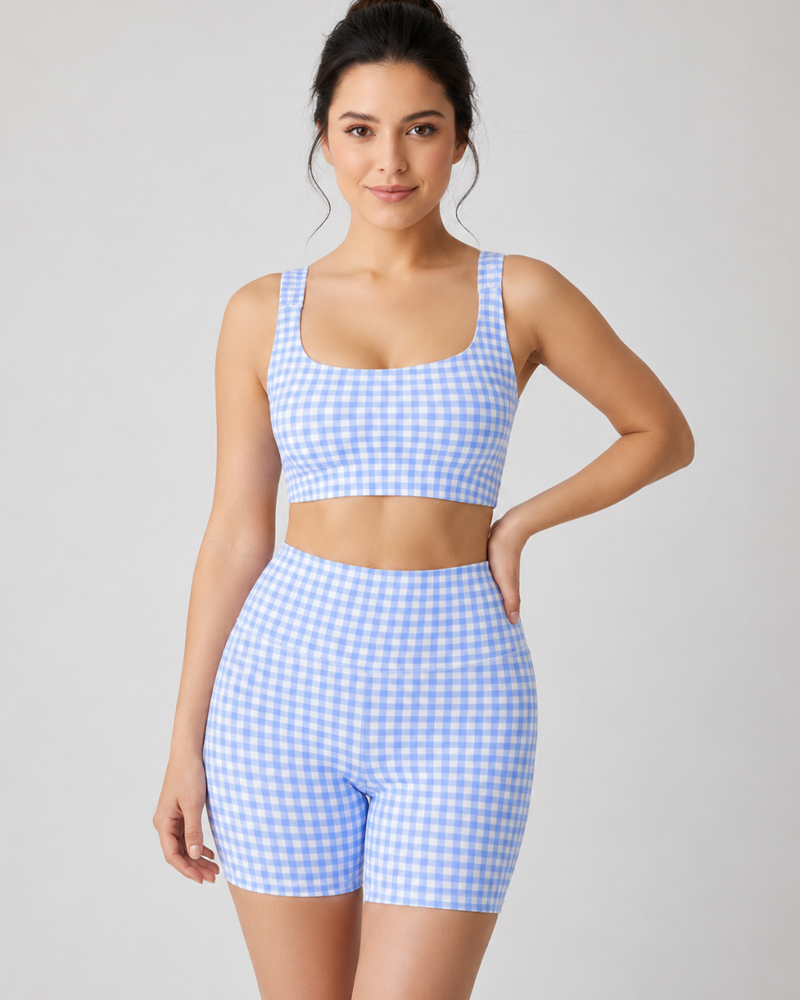 Backless Crop Tank Top + High‑Waist Seamless Shorts Plaid Workout Set（Pre‑Sale）