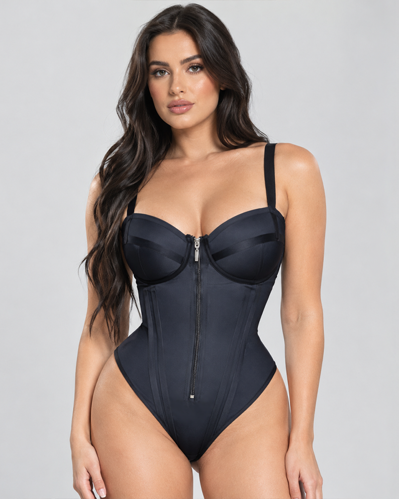 Underwire Cup Front Zipper Criss Cross Lace Up Back Shaping Bodysuit Shapewear（Pre-Sale）