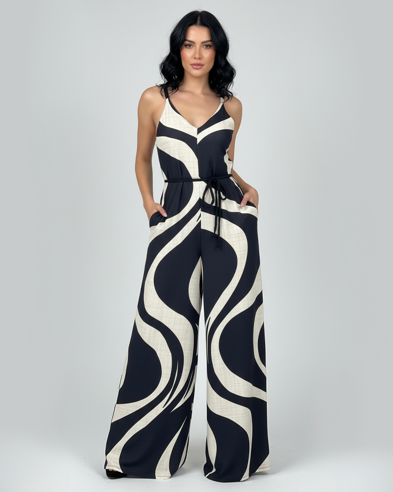 Women's V-Neck Spaghetti Strap Printed Back Lace-Up Wide Leg Jumpsuit (Pre-Sale)