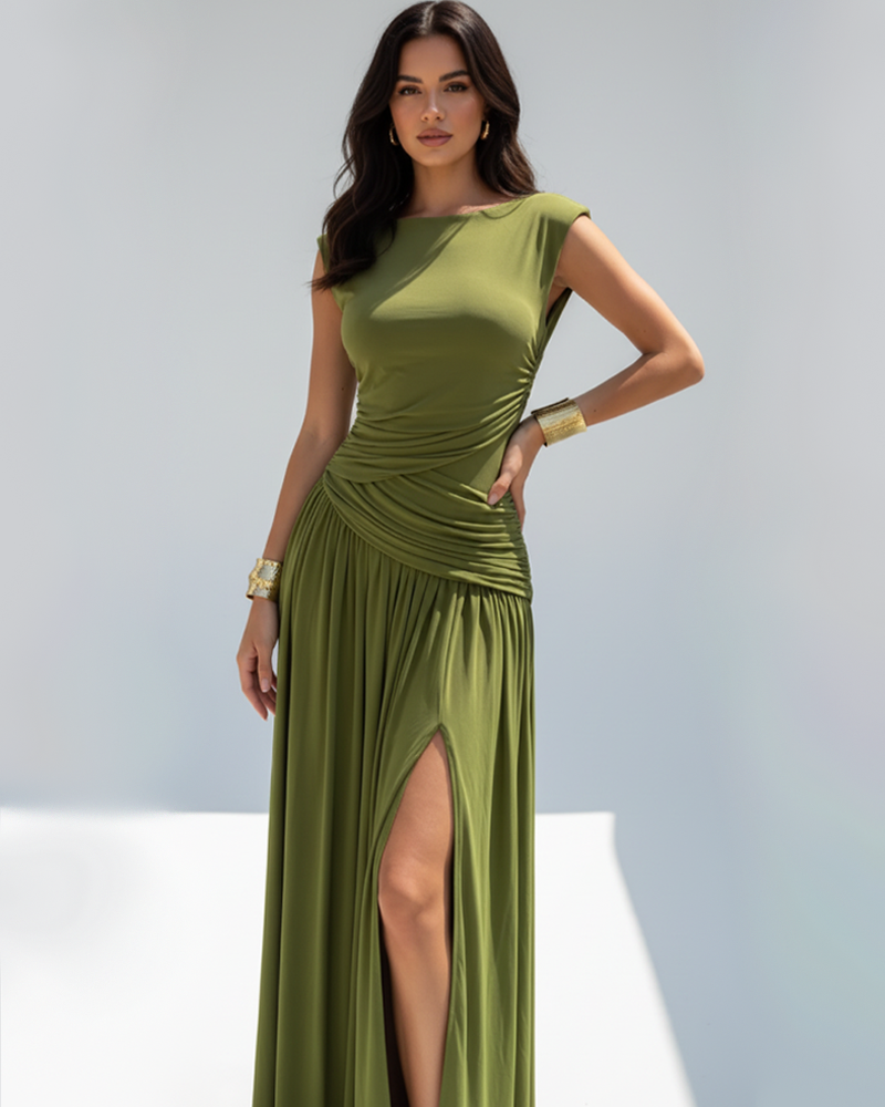 French Style Elegant Waist-Cinched Ruched Sleeveless Reversible Collar Dress