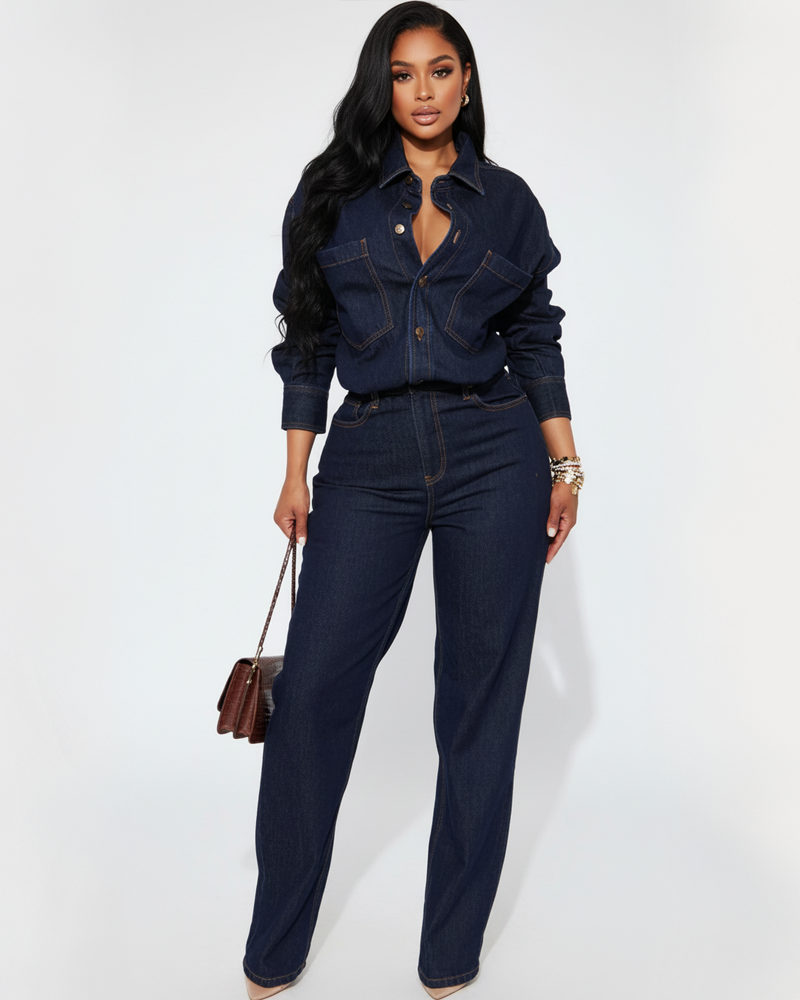 Slim Fit Stretch Loose Wash Denim Long Sleeve Straight Jumpsuit for Women
