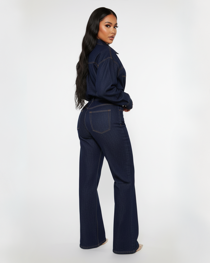 Slim Fit Stretch Loose Wash Denim Long Sleeve Straight Jumpsuit for Women