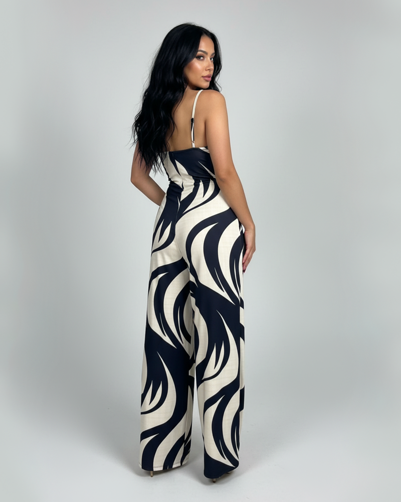 Women's V-Neck Spaghetti Strap Printed Back Lace-Up Wide Leg Jumpsuit (Pre-Sale)