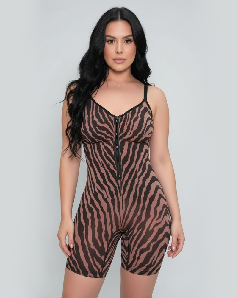 Zebra Print Zipper Tummy Control Shapewear Bodysuit（Pre‑Sale）