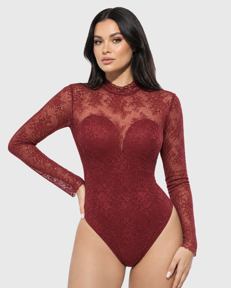 High Neck Long Sleeve Floral Lace Shaping Bodysuit Floral Lace Tummy Control Shapewear（Pre‑Sale）