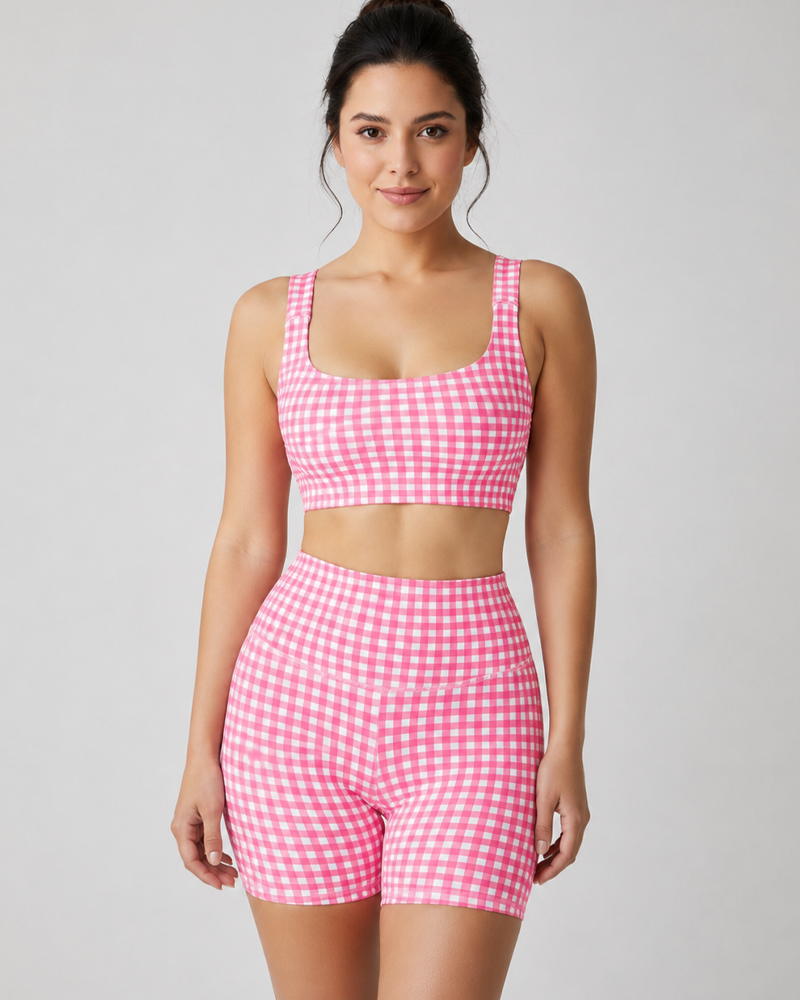 Backless Crop Tank Top + High‑Waist Seamless Shorts Plaid Workout Set（Pre‑Sale）