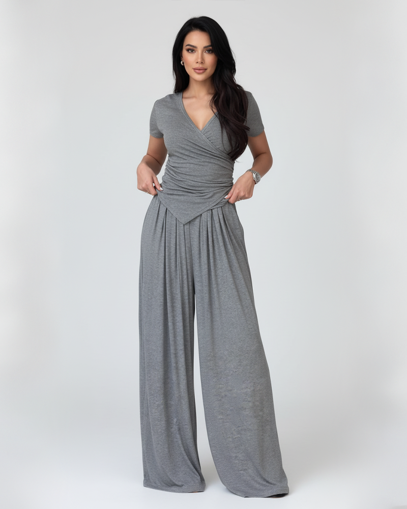 Women Wrap V Neck Short Sleeve Top & High Waist Wide Leg Pants Casual 2 Piece Outfit