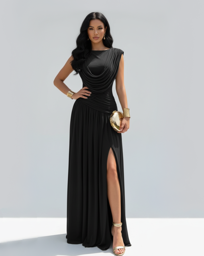 French Style Elegant Waist-Cinched Ruched Sleeveless Reversible Collar Dress