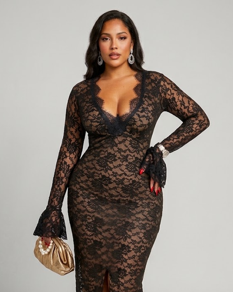 Elegant Lace Deep V Neck Long Sleeve Slit Dress for Women