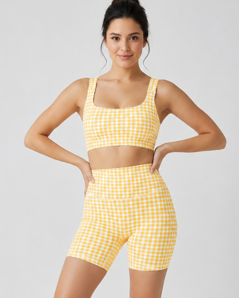 Backless Crop Tank Top + High‑Waist Seamless Shorts Plaid Workout Set（Pre‑Sale）