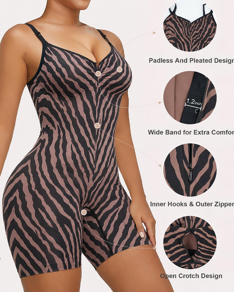 Zebra Print Zipper Tummy Control Shapewear Bodysuit（Pre‑Sale）