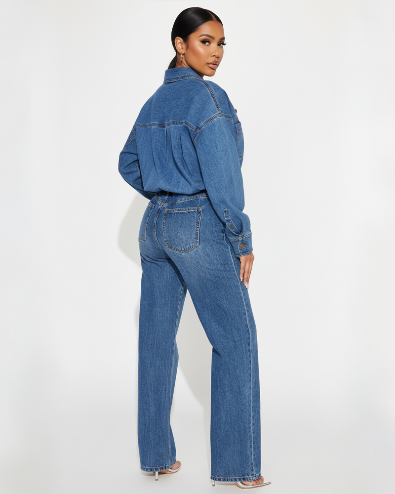 Slim Fit Stretch Loose Wash Denim Long Sleeve Straight Jumpsuit for Women