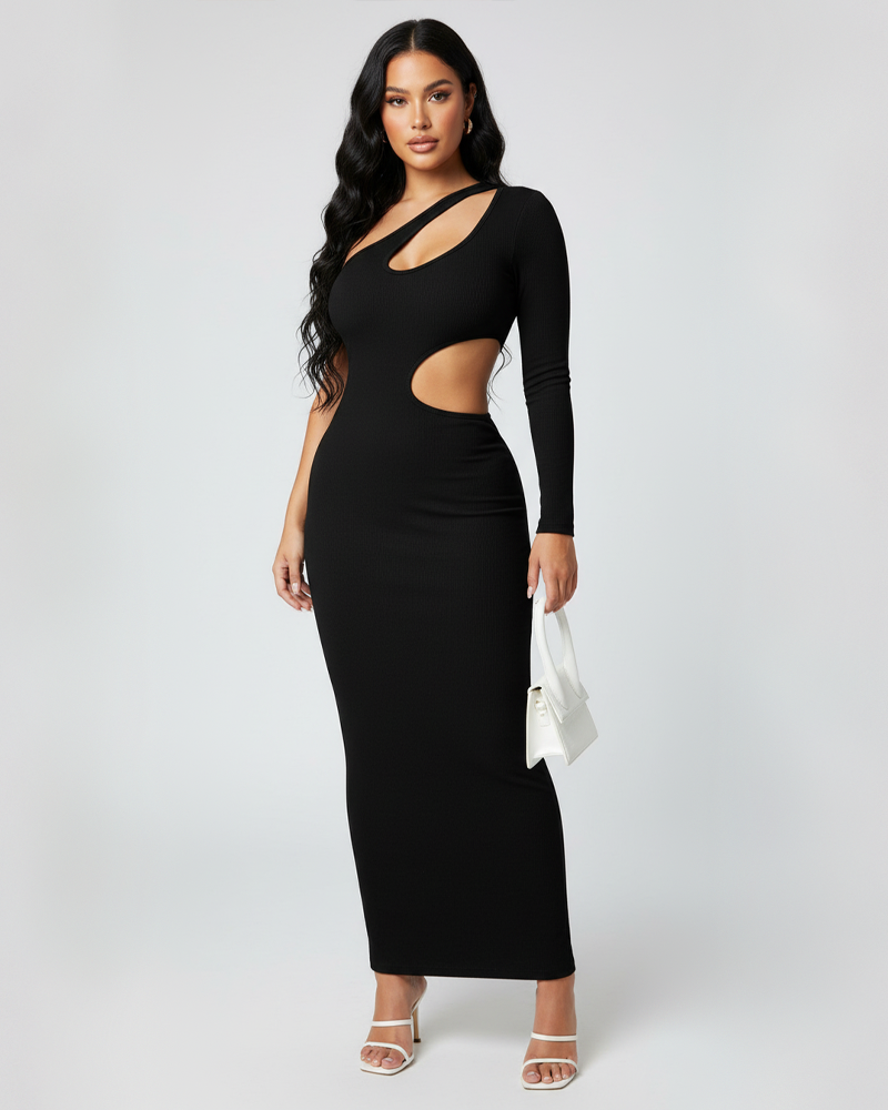 Fashion Hollow Out One Shoulder Asymmetrical Collar Long Sleeve Dress