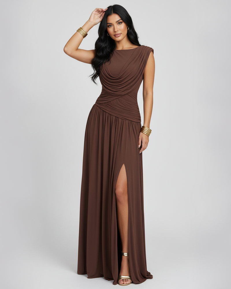 French Style Elegant Waist-Cinched Ruched Sleeveless Reversible Collar Dress