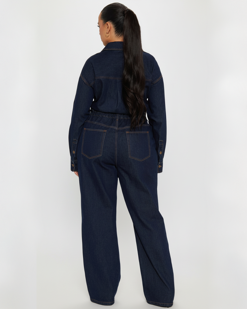 Slim Fit Stretch Loose Wash Denim Long Sleeve Straight Jumpsuit for Women