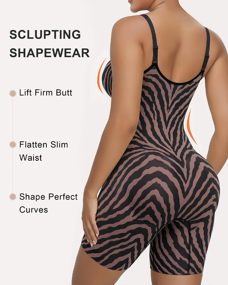 Zebra Print Zipper Tummy Control Shapewear Bodysuit（Pre‑Sale）