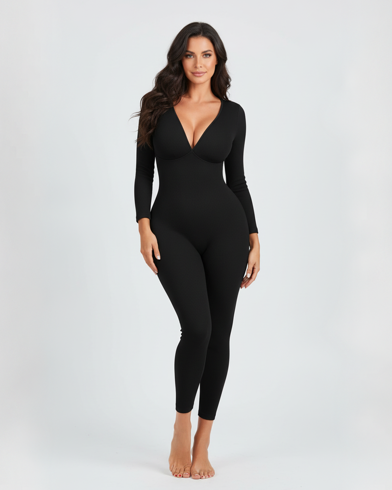 Tummy Control Butt Lifter Removable Pads Deep V Neck Ribbed Long Sleeve Jumpsuit（Pre-Sale）