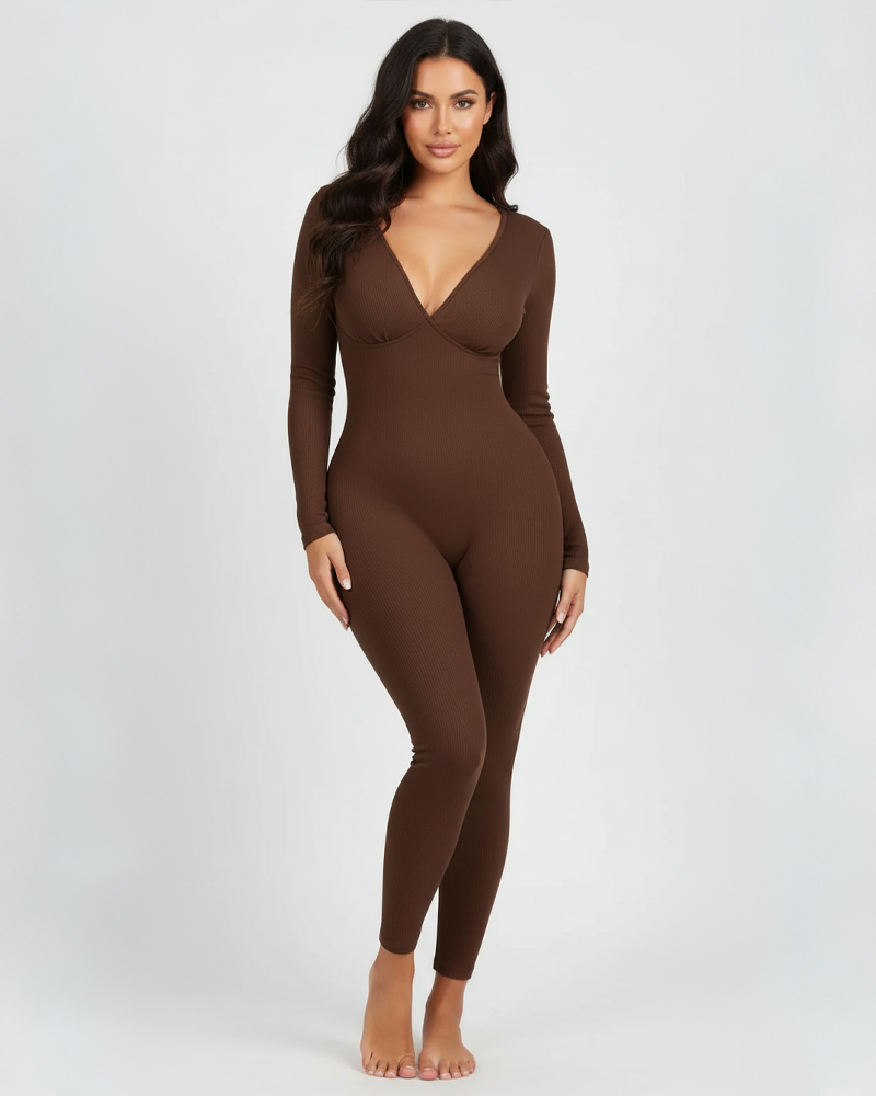 Tummy Control Butt Lifter Removable Pads Deep V Neck Ribbed Long Sleeve Jumpsuit（Pre-Sale）