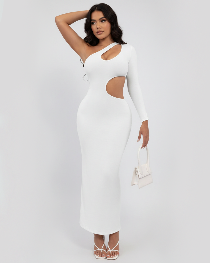 Fashion Hollow Out One Shoulder Asymmetrical Collar Long Sleeve Dress