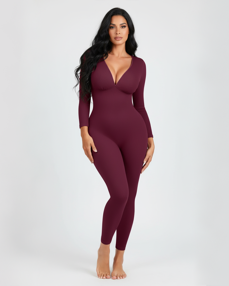 Tummy Control Butt Lifter Removable Pads Deep V Neck Ribbed Long Sleeve Jumpsuit（Pre-Sale）