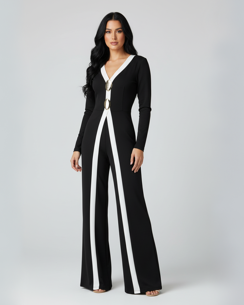 Color Block Fashion Stretch Slim Fit Jumpsuit With Gold Buttons Slit