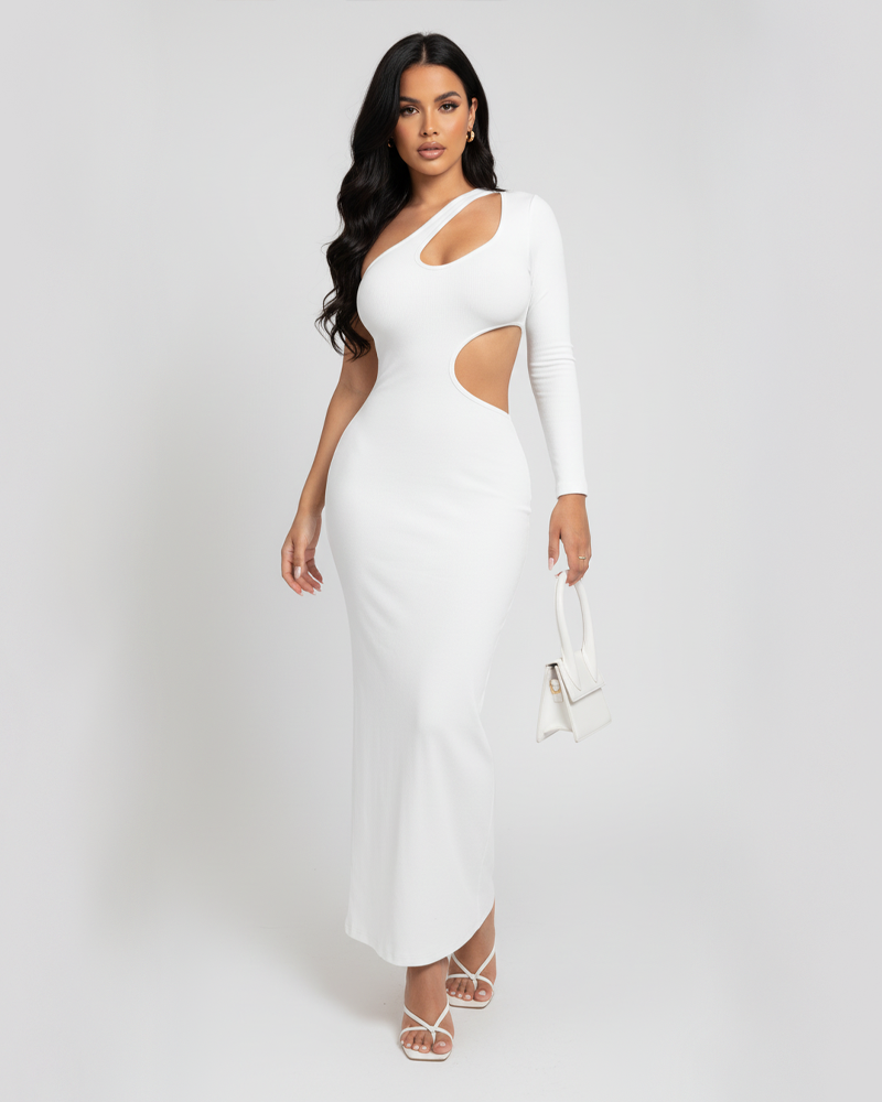Fashion Hollow Out One Shoulder Asymmetrical Collar Long Sleeve Dress