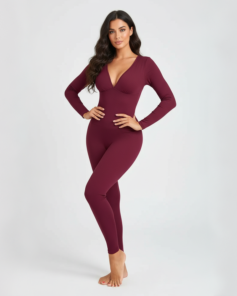 Tummy Control Butt Lifter Removable Pads Deep V Neck Ribbed Long Sleeve Jumpsuit（Pre-Sale）
