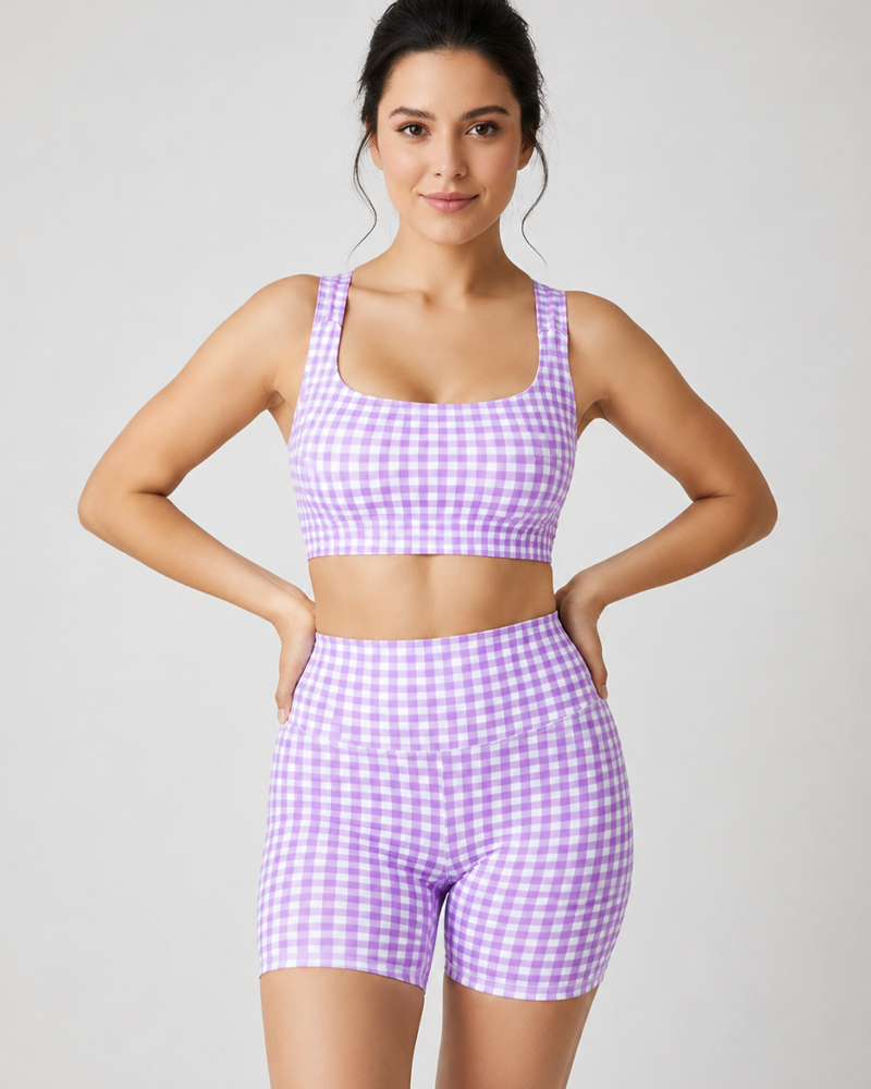 Backless Crop Tank Top + High‑Waist Seamless Shorts Plaid Workout Set（Pre‑Sale）