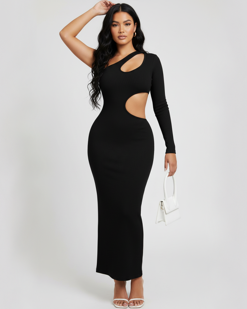 Fashion Hollow Out One Shoulder Asymmetrical Collar Long Sleeve Dress