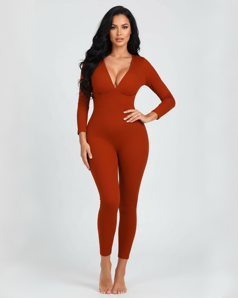 Tummy Control Butt Lifter Removable Pads Deep V Neck Ribbed Long Sleeve Jumpsuit（Pre-Sale）