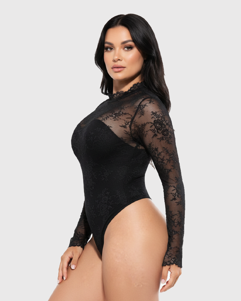 High Neck Long Sleeve Floral Lace Shaping Bodysuit Floral Lace Tummy Control Shapewear（Pre‑Sale）