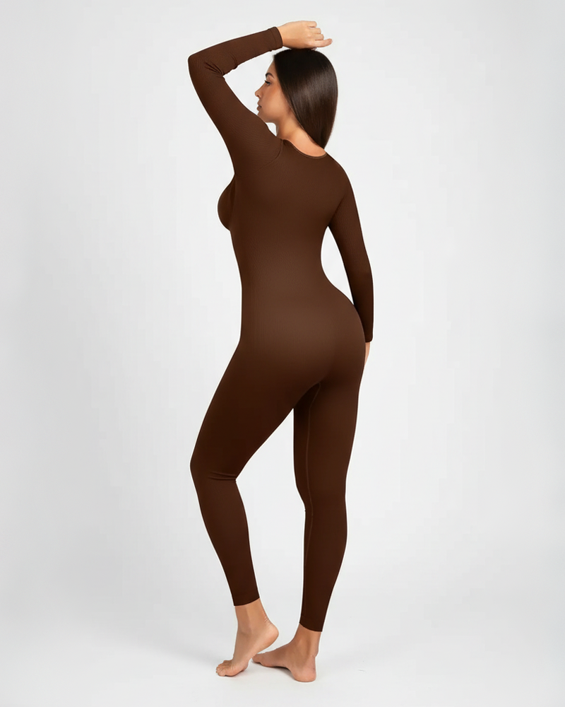 Tummy Control Butt Lifter Removable Pads Deep V Neck Ribbed Long Sleeve Jumpsuit（Pre-Sale）