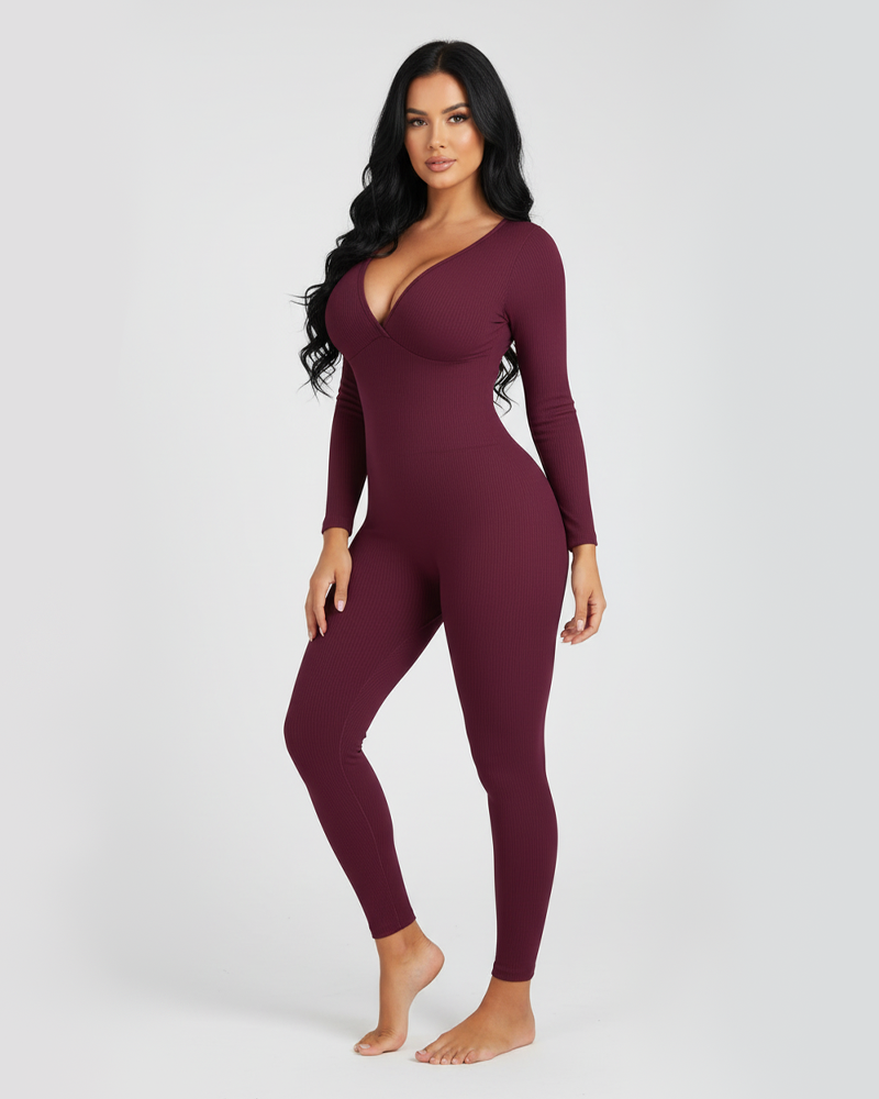 Tummy Control Butt Lifter Removable Pads Deep V Neck Ribbed Long Sleeve Jumpsuit（Pre-Sale）